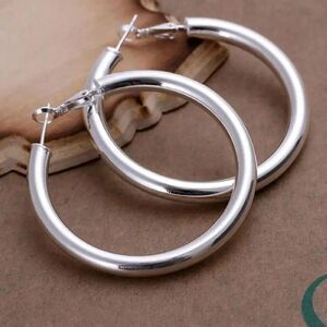 Classic Large 2" Silver Hoop Earrings Secure Back Round Hollow Lghtweight Basic